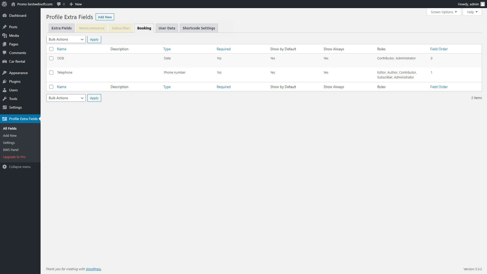 Car Rental plugin with additional fields.