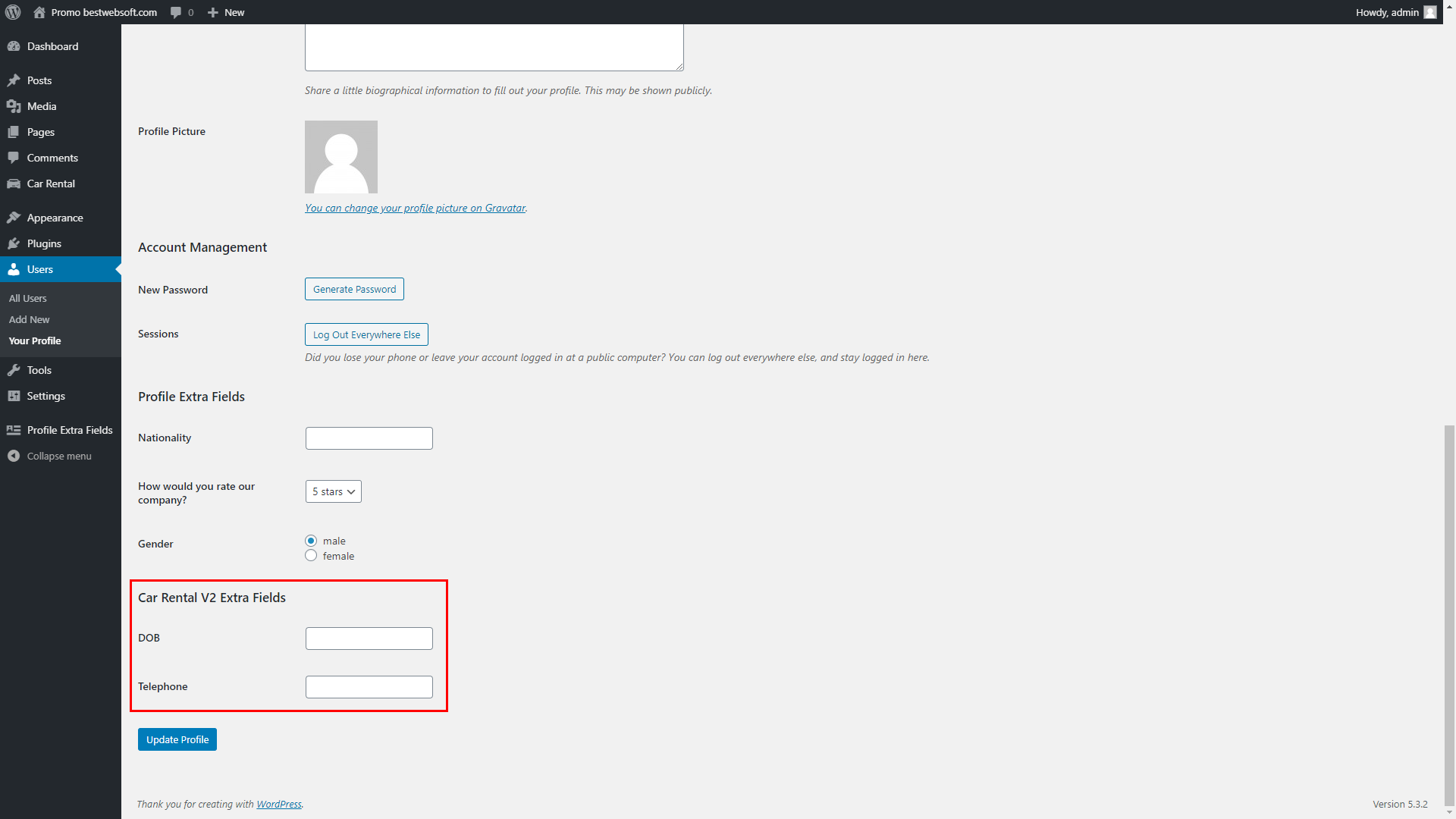 Additional Car Rental fields on the user profile page.