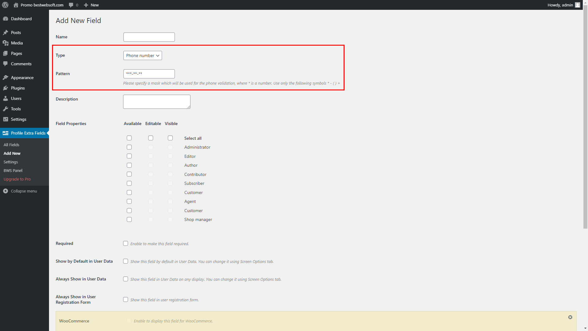 Pattern setting for the Phone number type field.