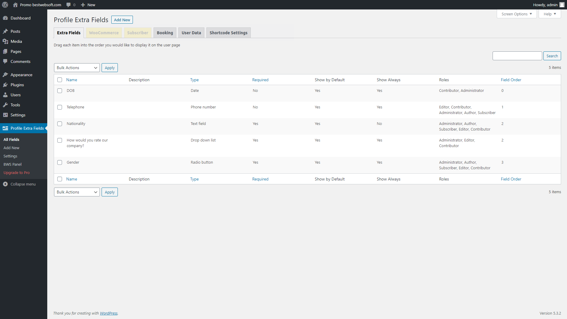 Plugin Homepage with the list of created Extra Fields.