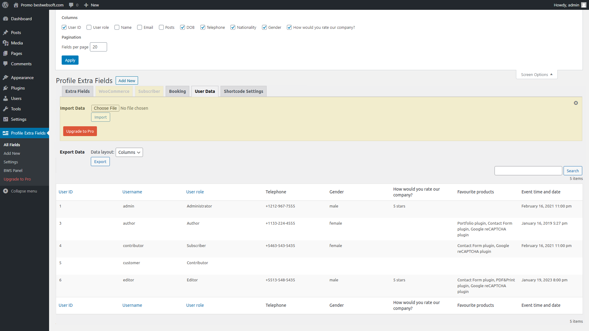 Viewing user information on the plugin page.