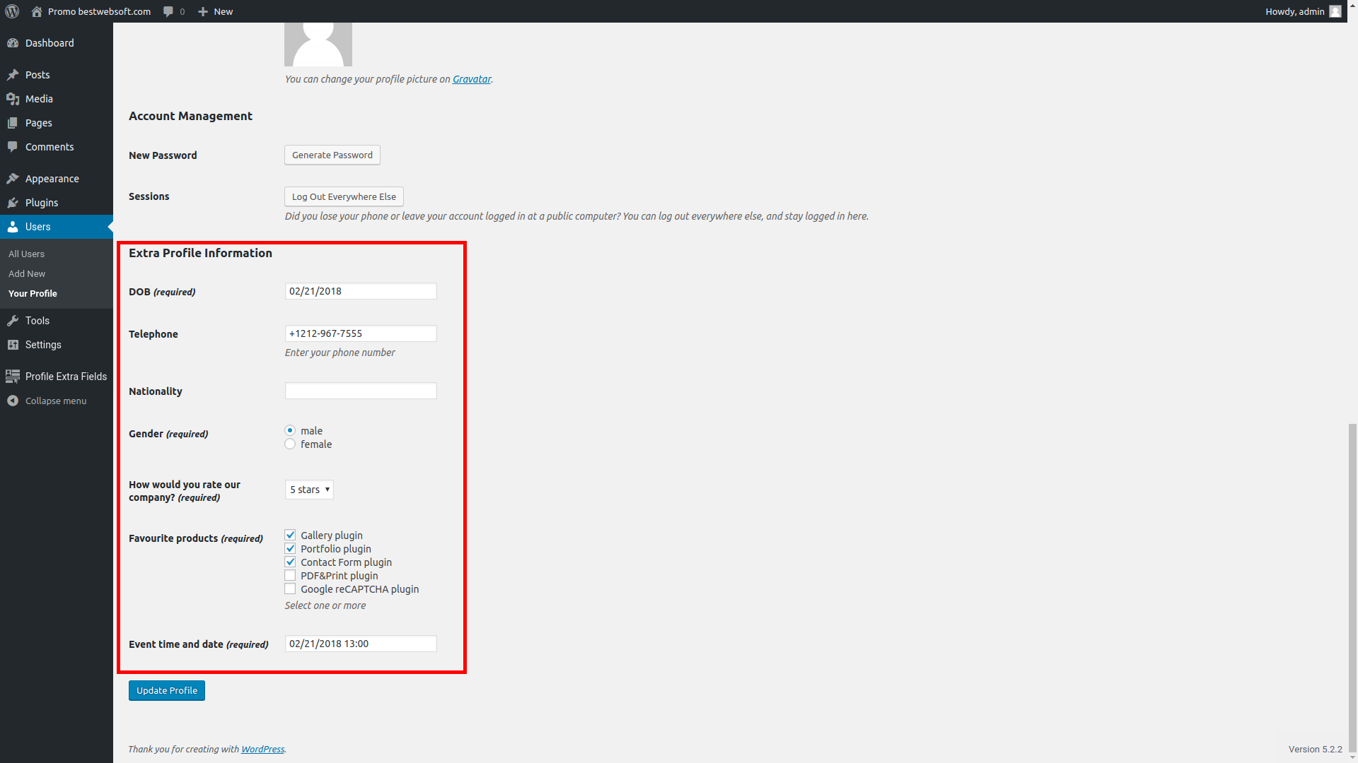 Additional fields on the user's profile page.