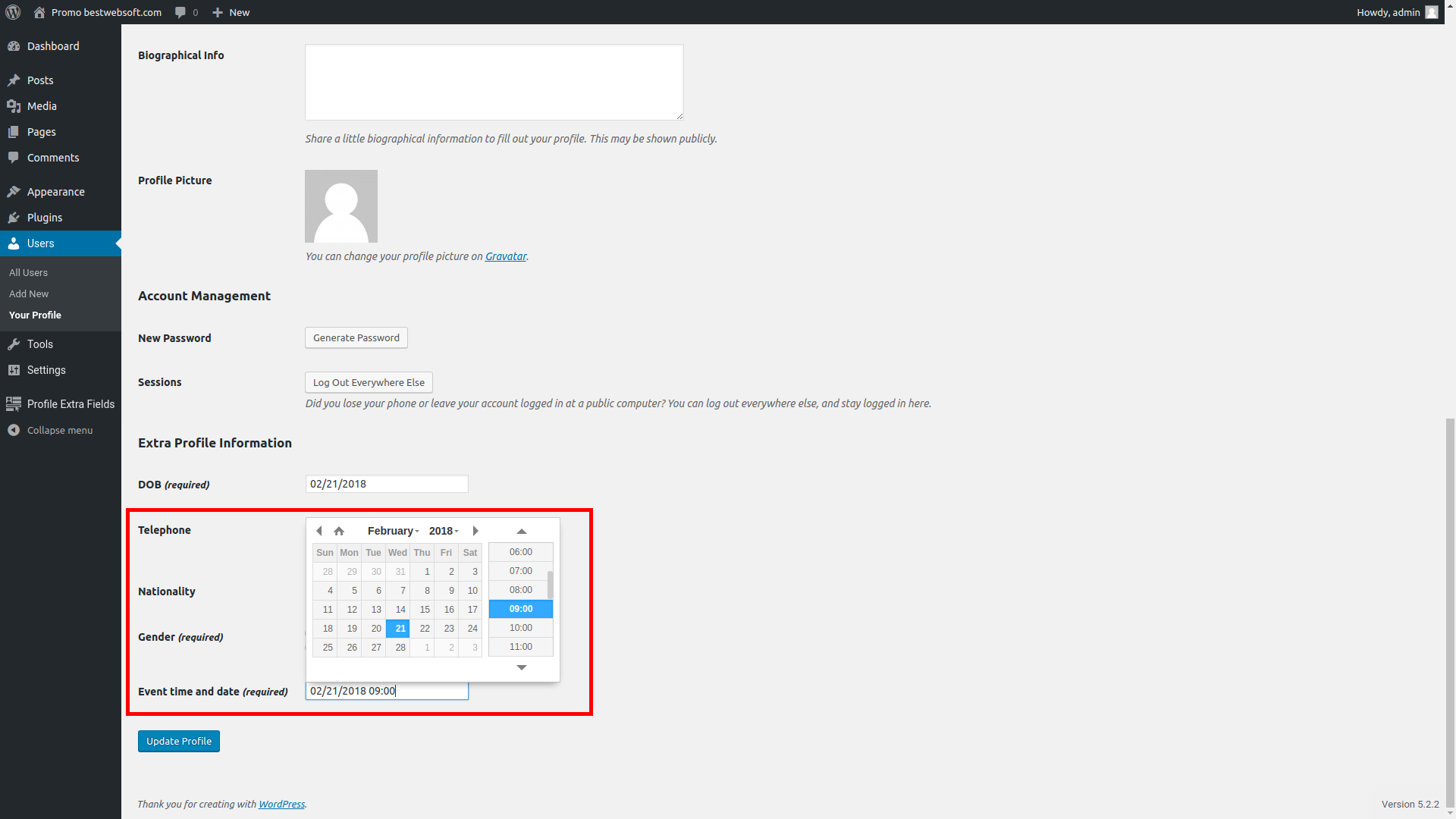 Datetimepicker displaying for the date, time or datetime type fields.