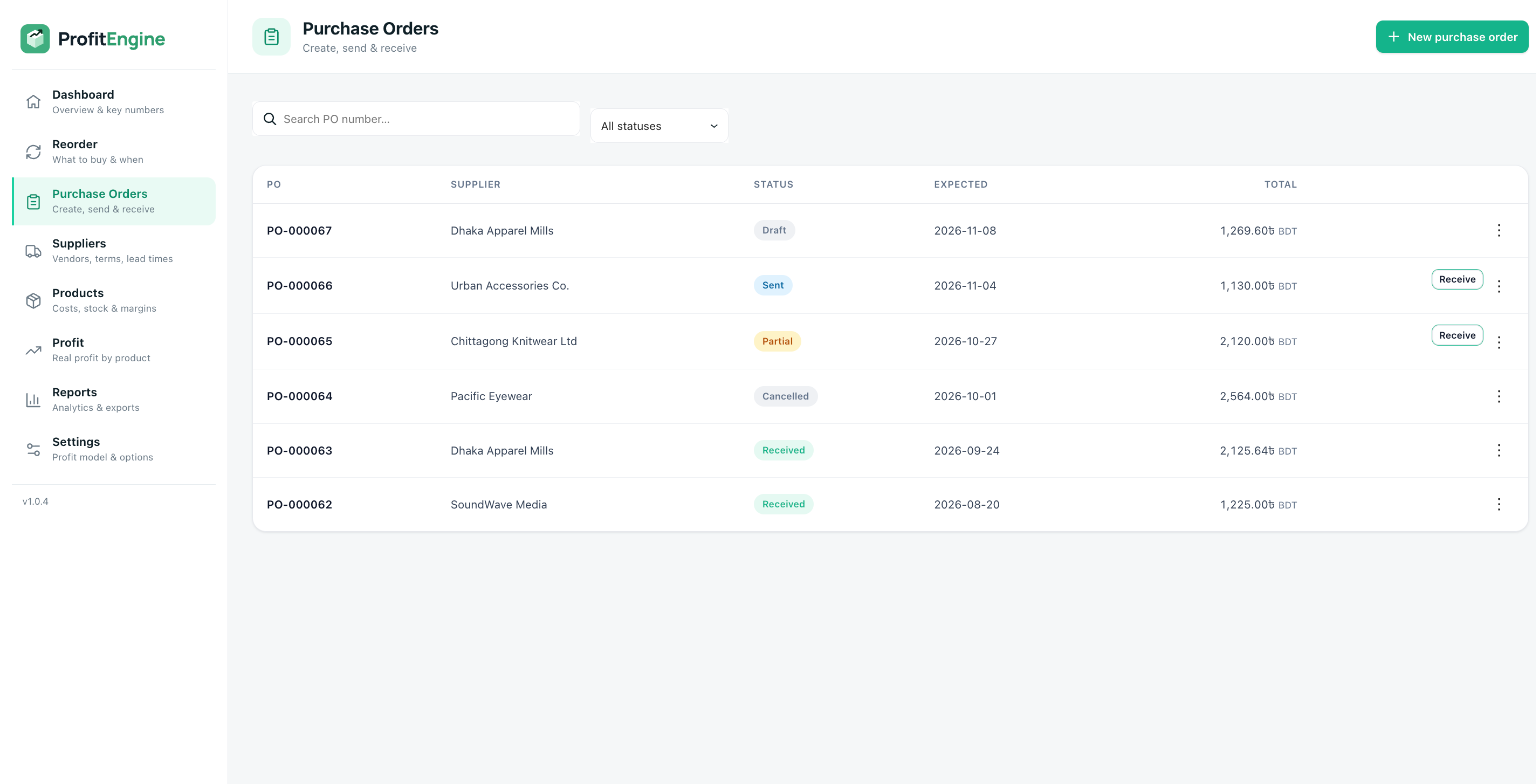 Reorder: what to buy, grouped by urgency, with editable quantities and one-click purchase orders.