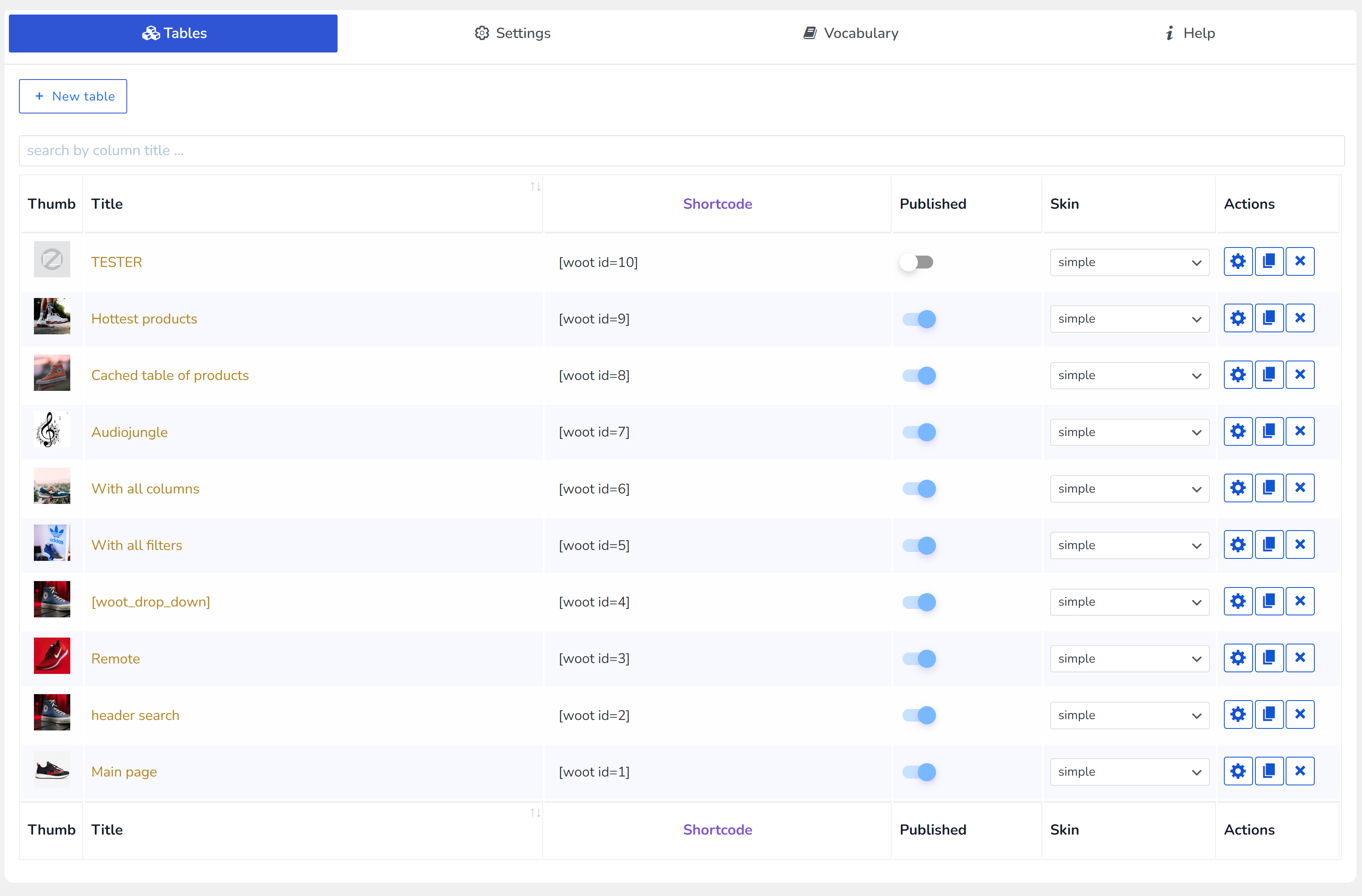 Active Products Tables for WooCommerce. Use constructor to create tables 