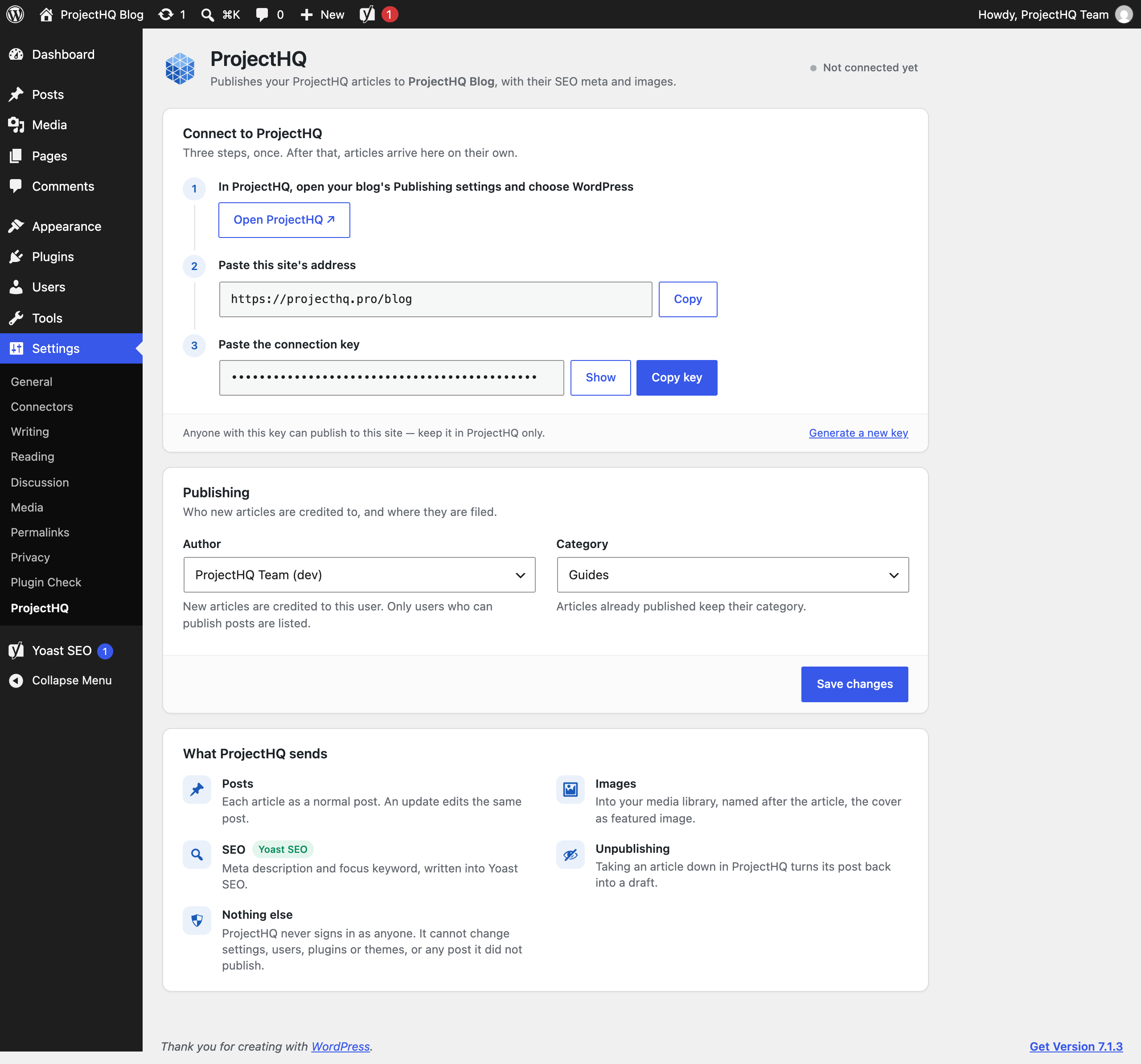 Settings → ProjectHQ before connecting: three steps, with the site address and the connection key to copy.