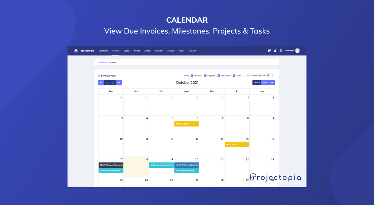 Calendar - View Due Invoices, Milestones, Projects &amp; Tasks