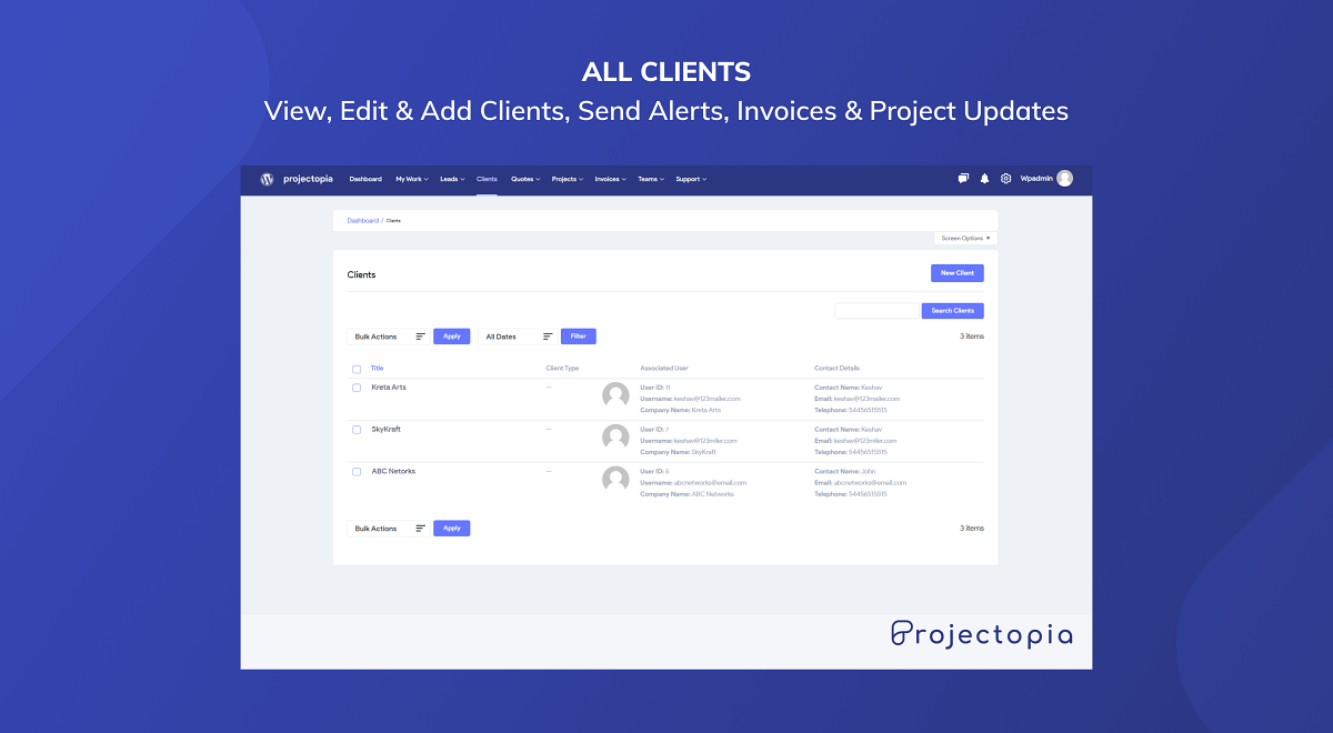 Clients - View, Edit &amp; Add Clients, Send Alerts, Invoices &amp; Project Updates