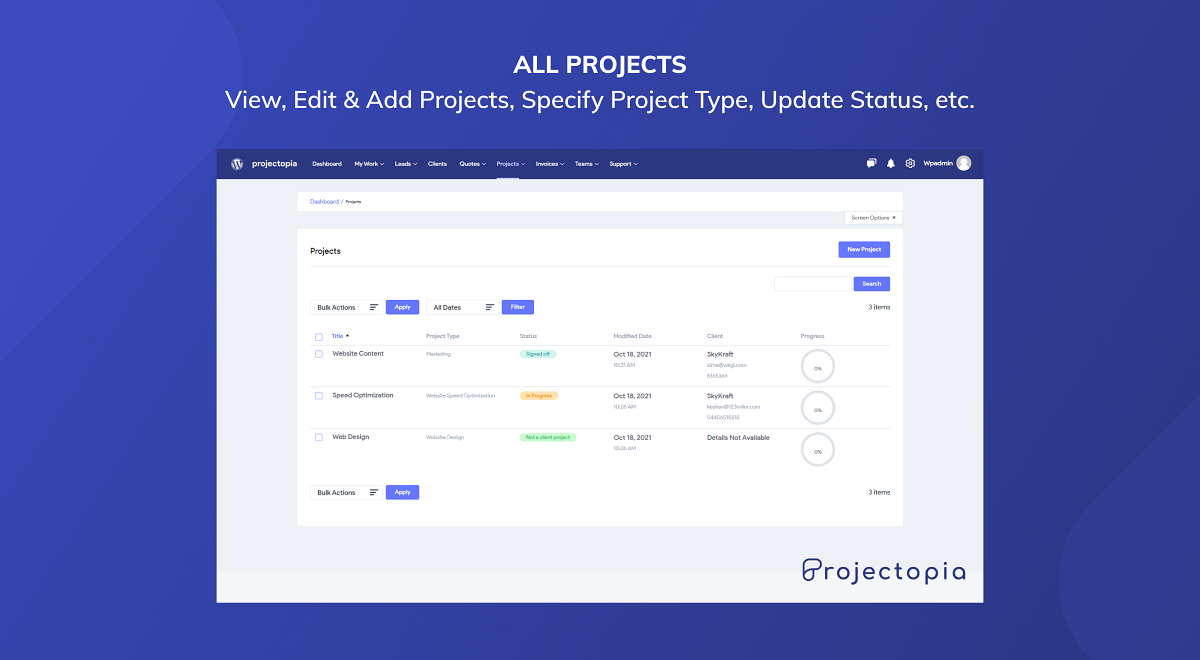 All Projects - View, Edit &amp; Add Projects, Specify Project Type, Update Status, etc.