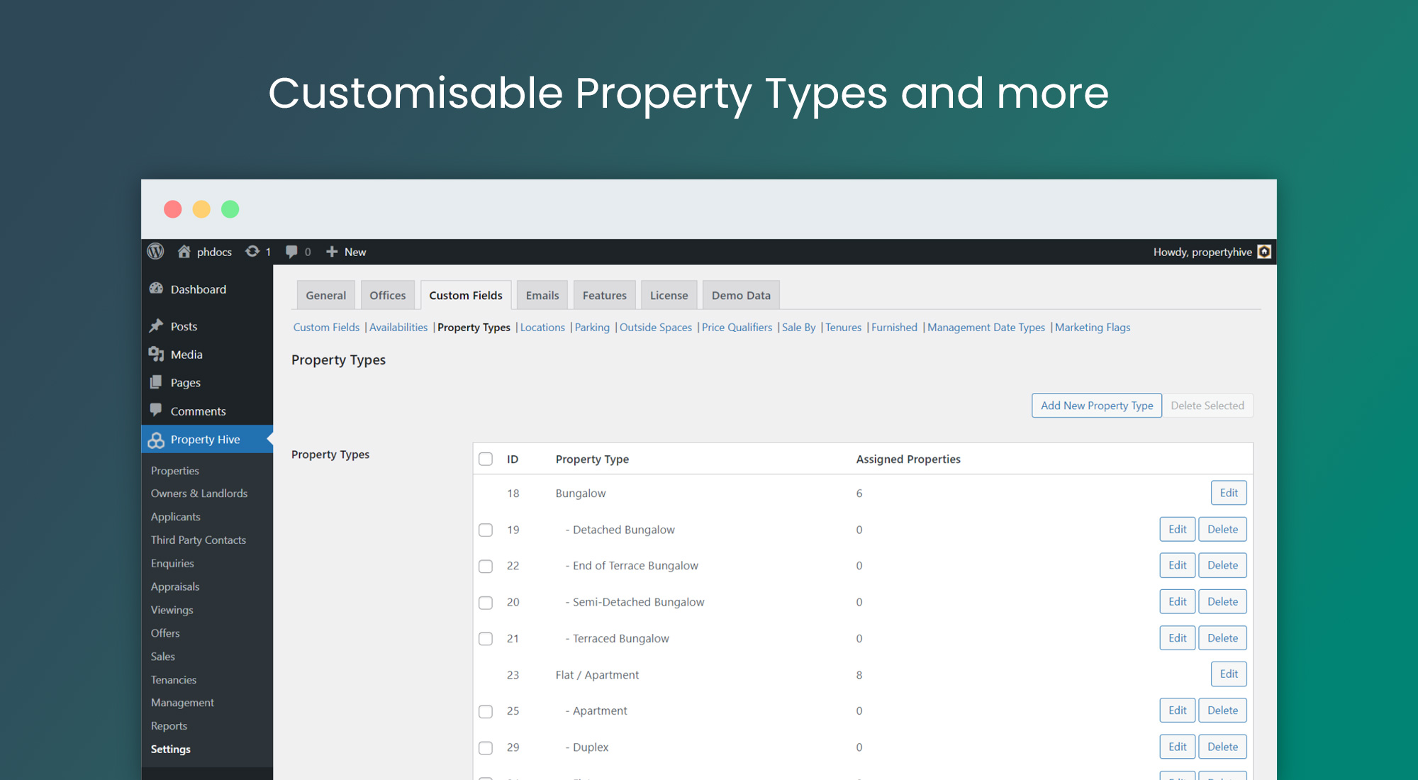 Customise property types, statuses and more custom fields