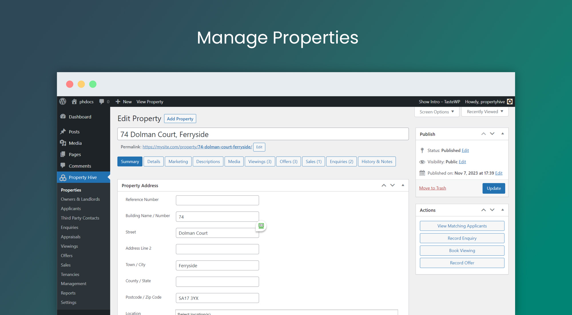 Editing a property record - the 'Summary' tab contains address, map co-ordinates and owner/landlord information