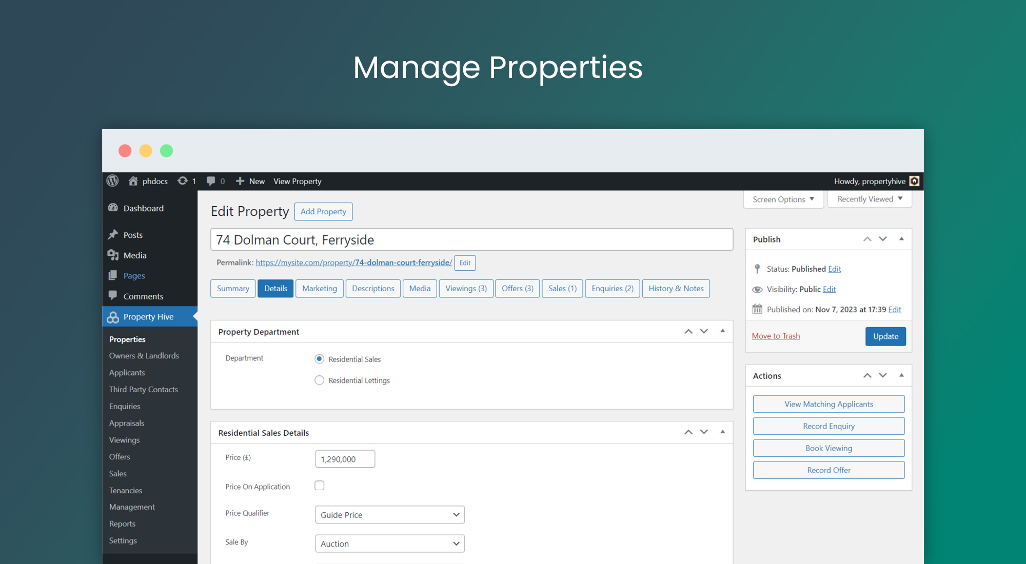 Editing a property record - the 'Details' tab contains details about the property (bedrooms, price etc)