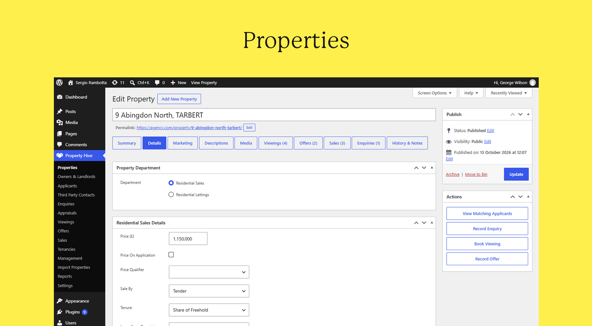 Editing a property record - the 'Details' tab contains details about the property (bedrooms, price etc)