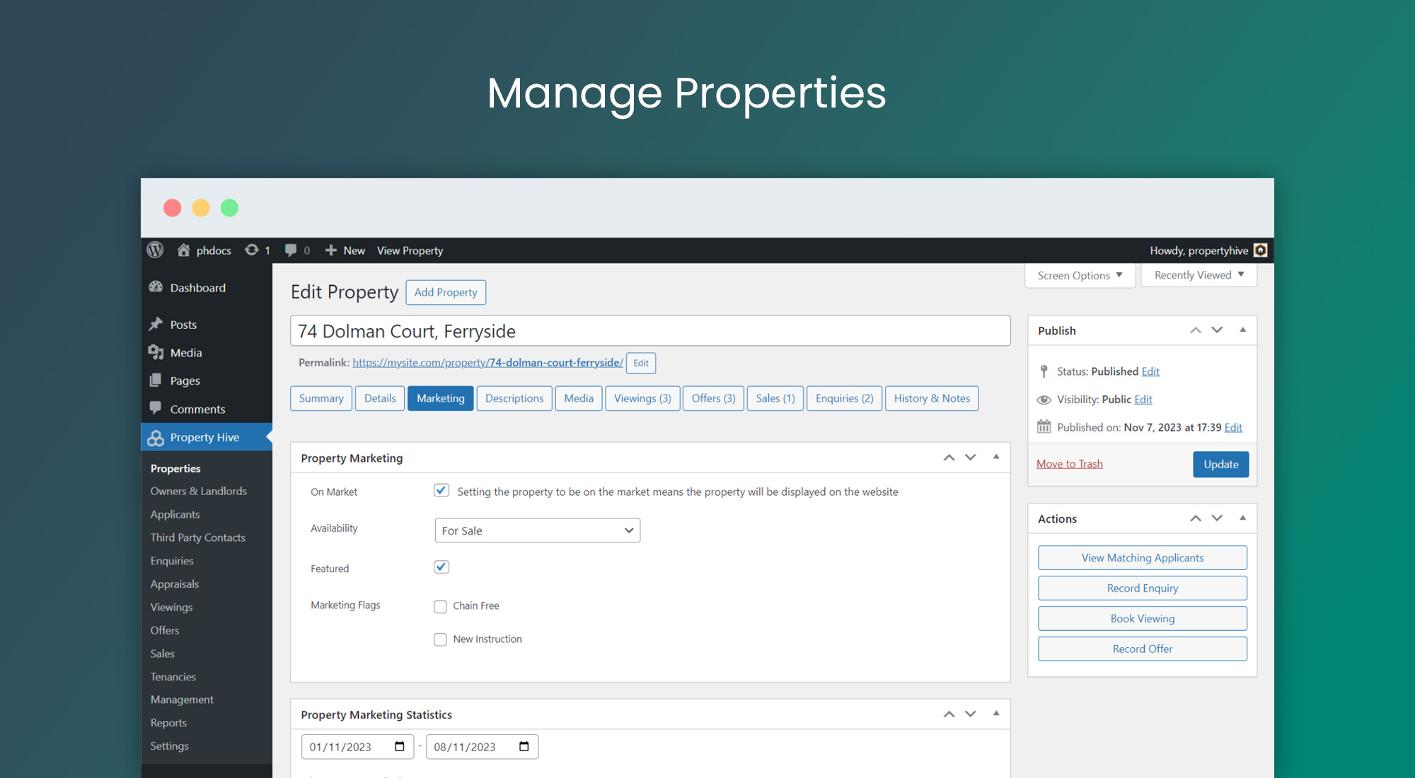 Editing a property record - The 'Marketing' tab allows you to specify whether the property is on the market, and it's availability