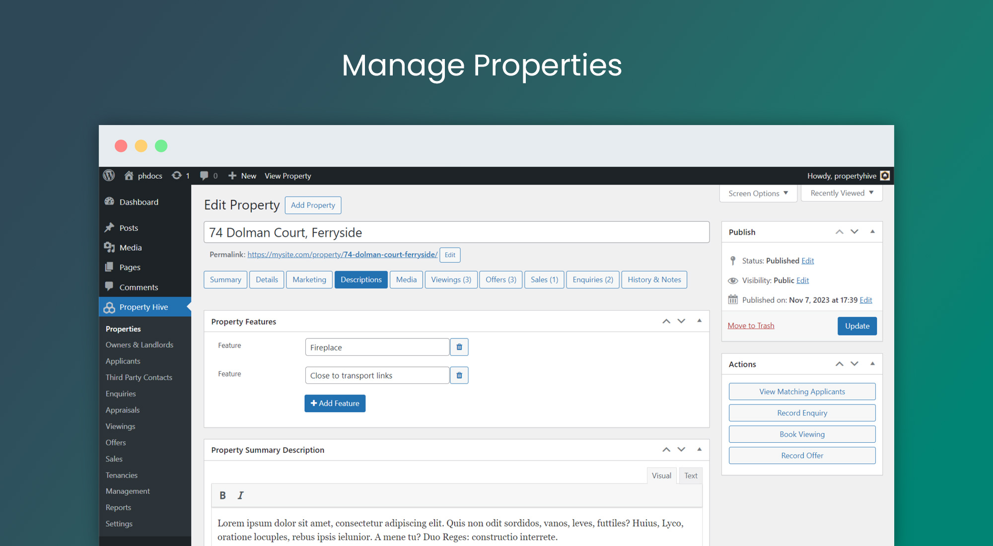 Editing a property record - The 'Descriptions' tab allows you to add features and property descriptions