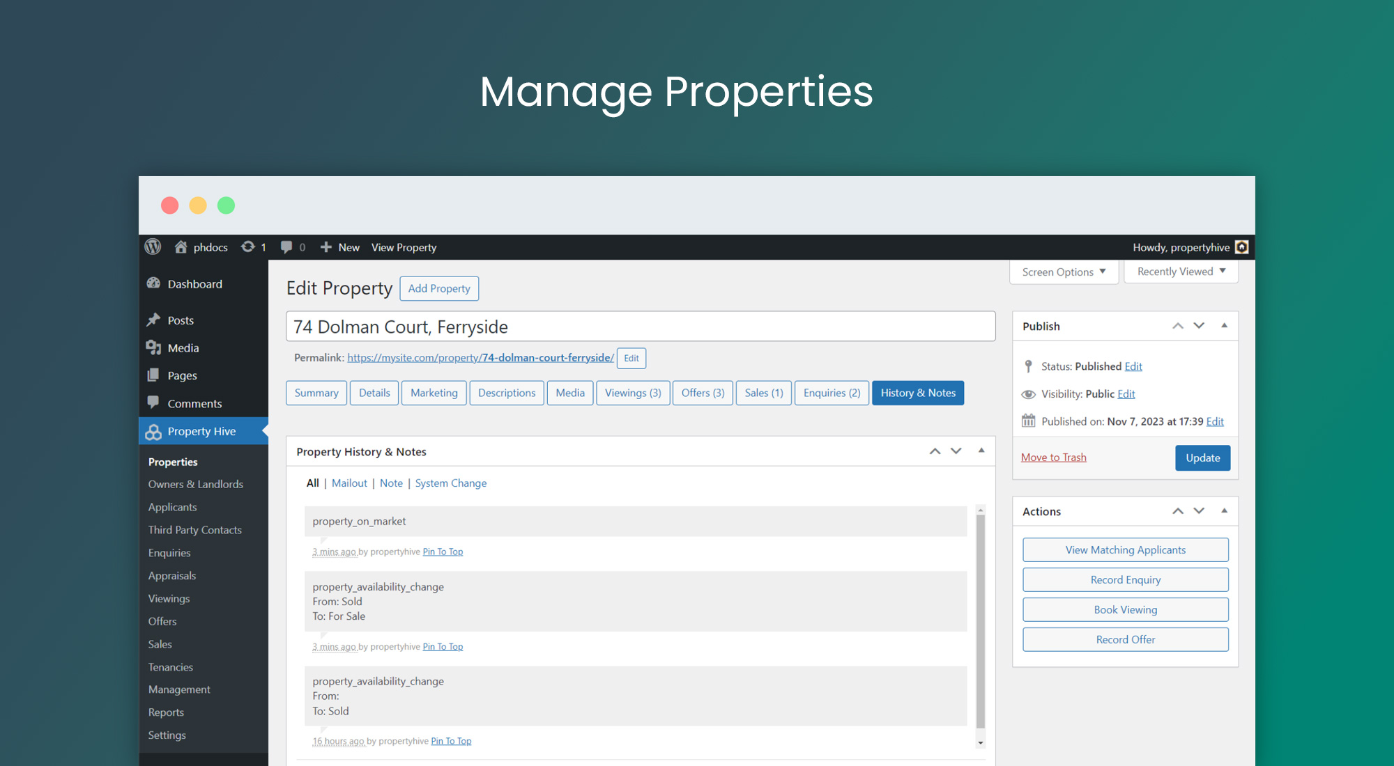 Editing a property record - The 'Notes & History' tab logs price and status changes and also allows you to add custom notes