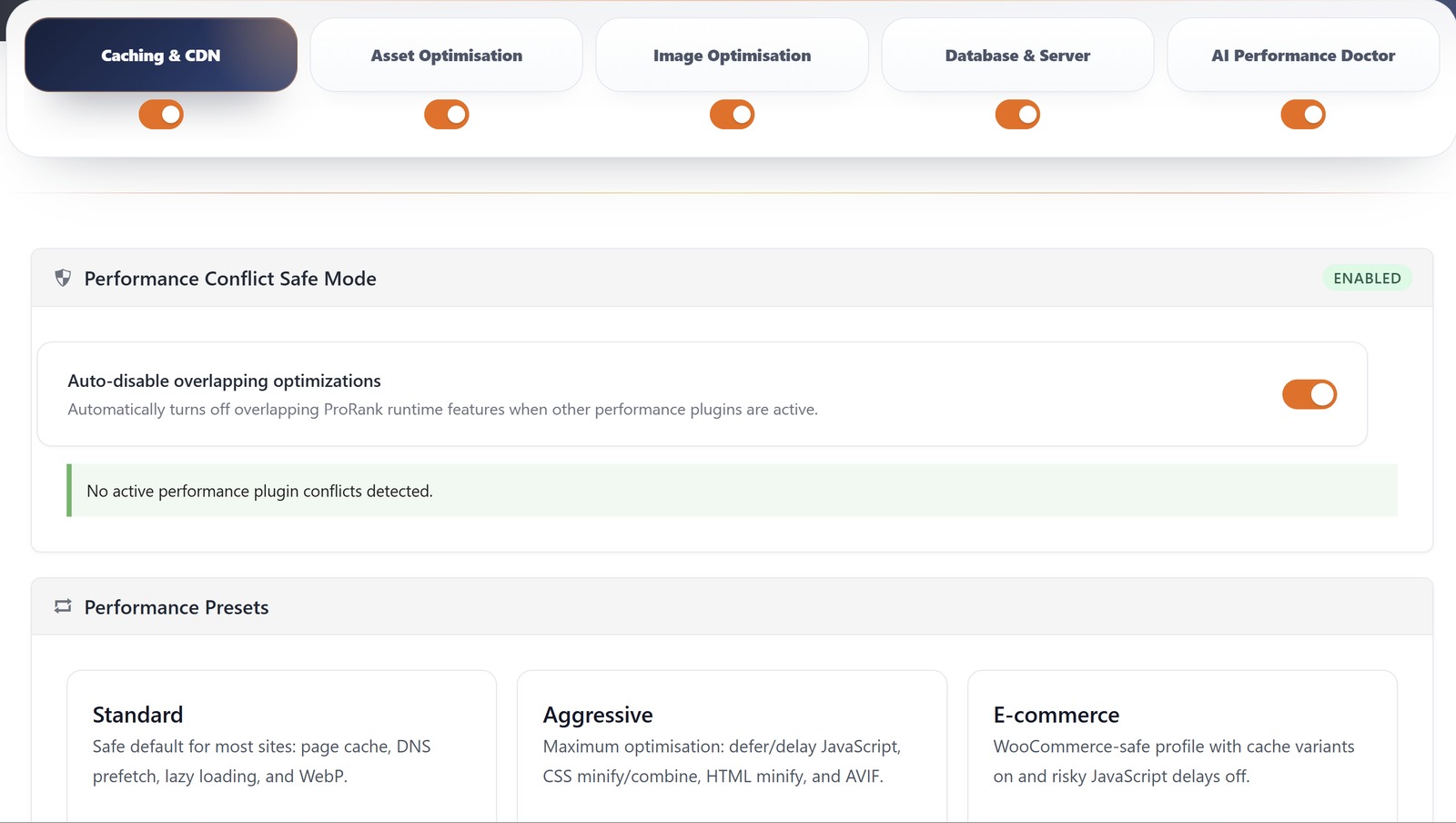 Performance tools for caching, asset optimisation, image optimisation, and database cleanup.