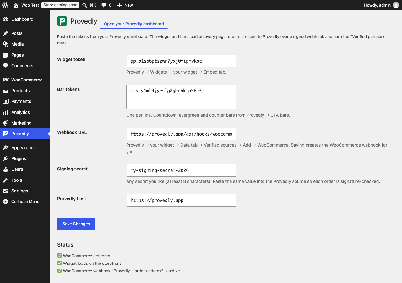 The Provedly page in the WordPress admin: paste your widget and bar tokens and the webhook details, then check the status list.