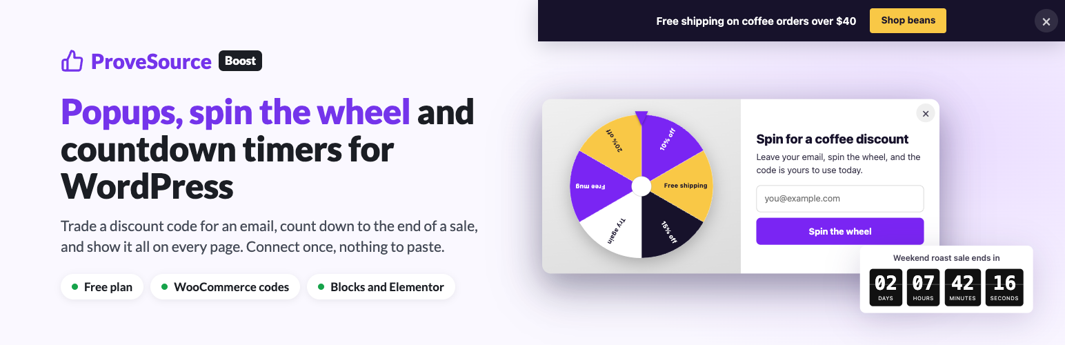 ProveSource Boost – Popups, Spin the Wheel &amp; Countdown Timers