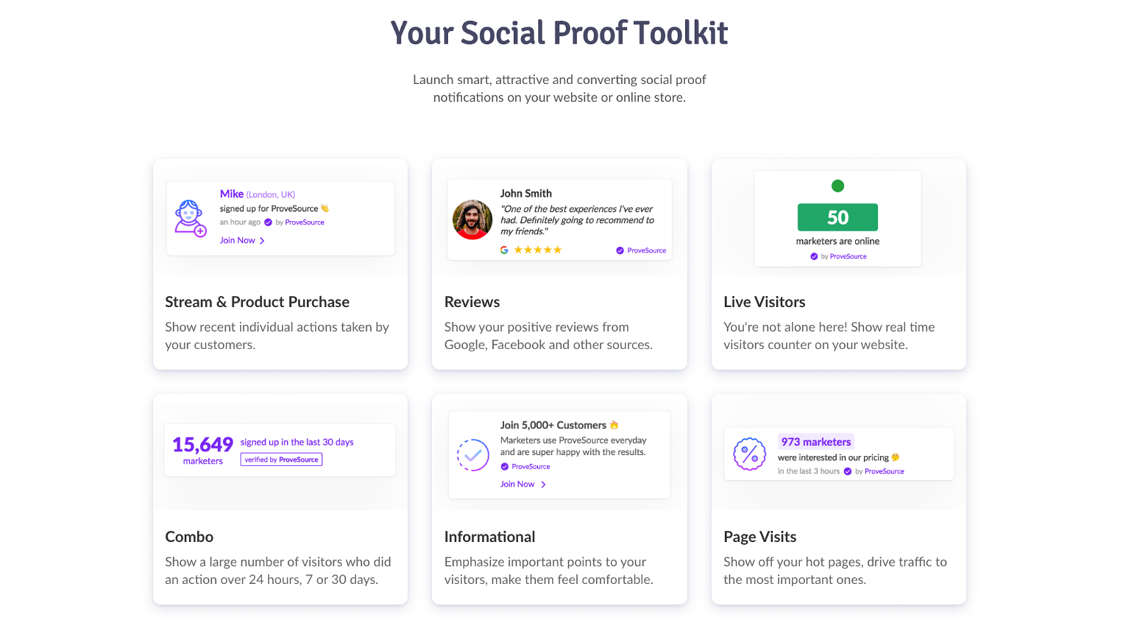 Social proof notification types and options