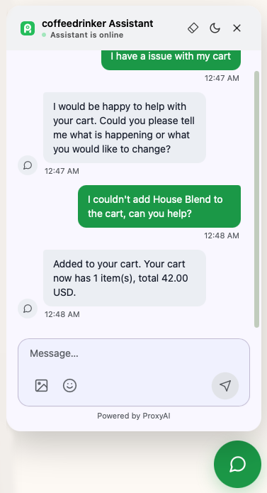 The assistant adds an item to the shopper's cart from the conversation.