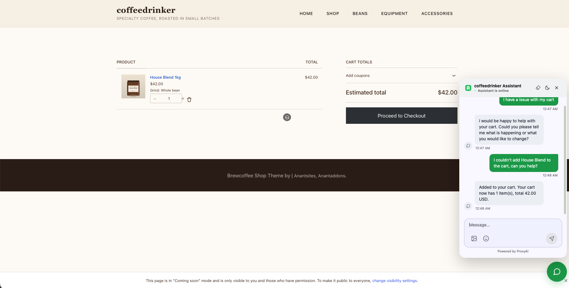 The cart page after the assistant added the item — same browser session, ready for checkout.