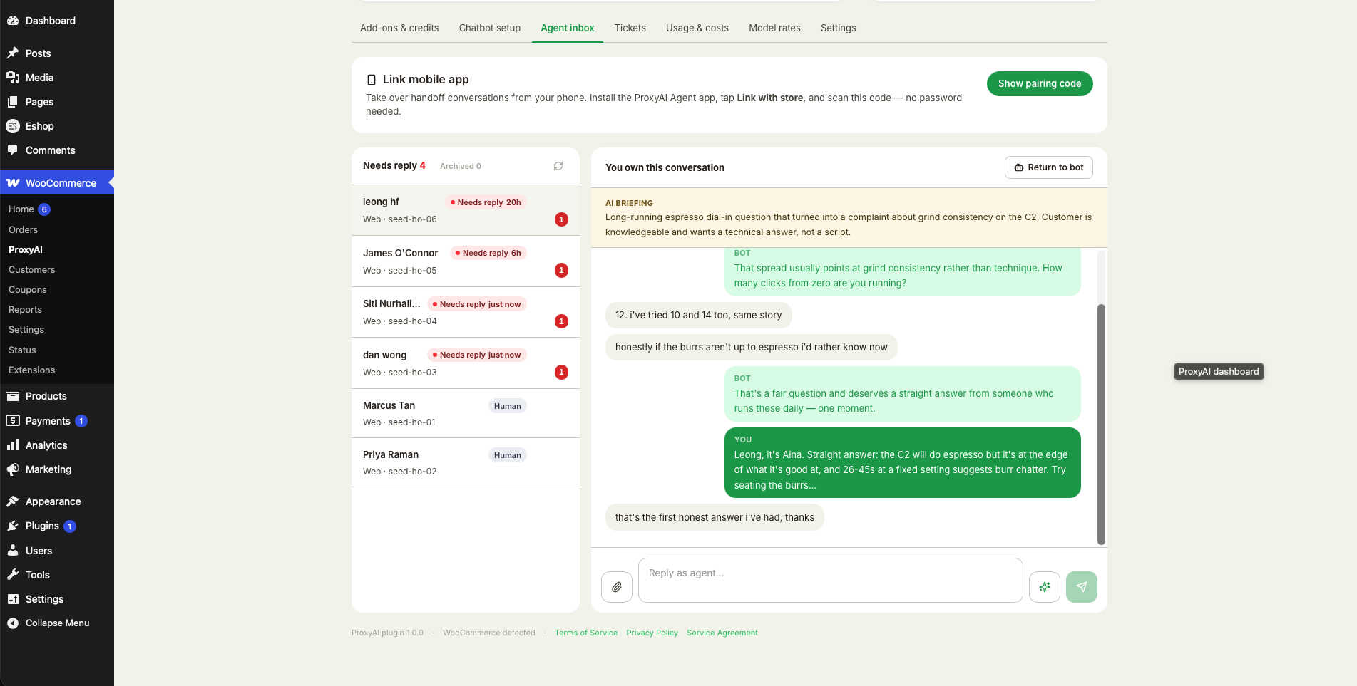Human hand-off: the agent inbox in wp-admin, with an AI briefing of the conversation so far.