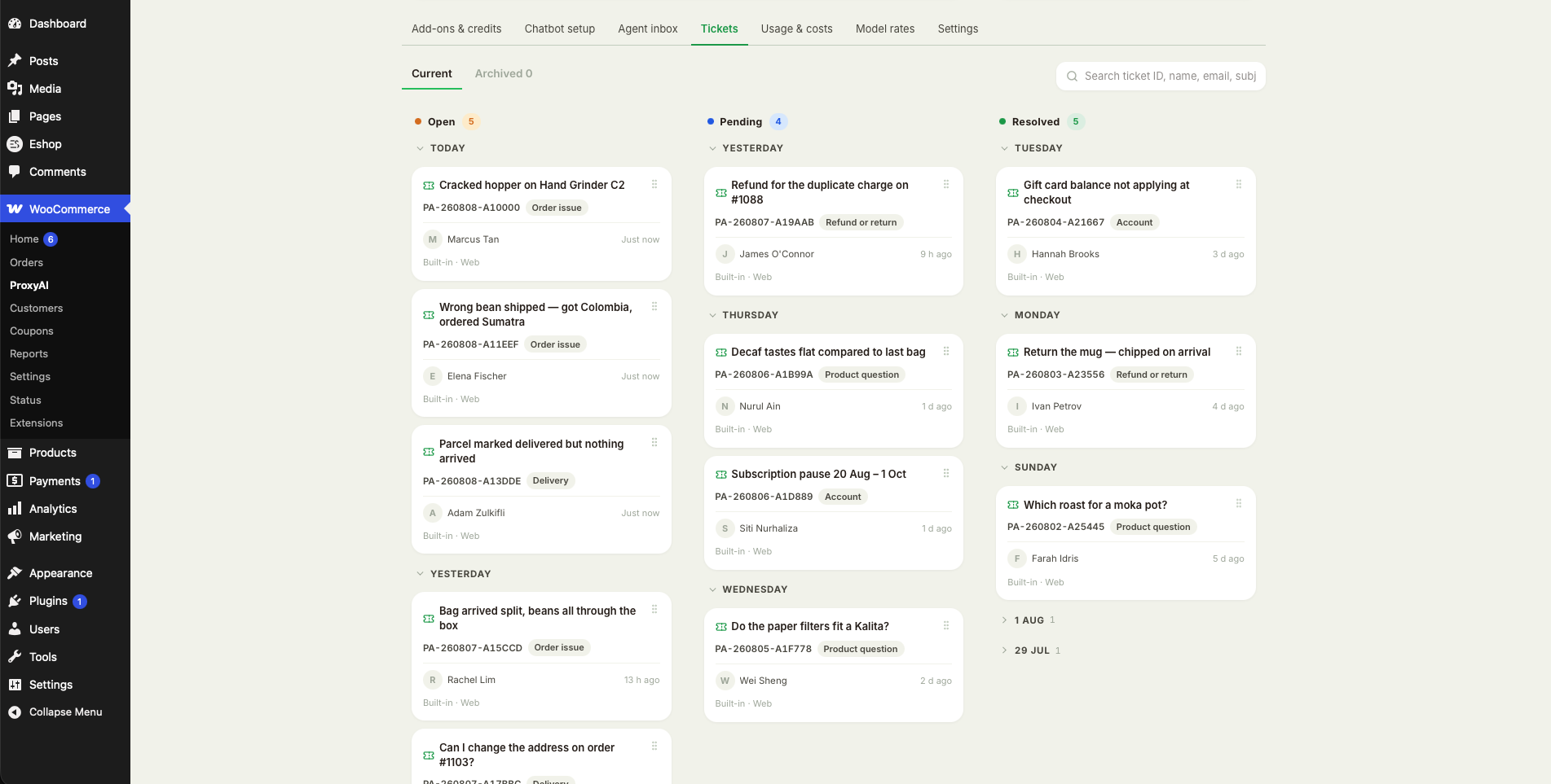 Support tickets on a kanban board — open, pending and resolved, straight from wp-admin.