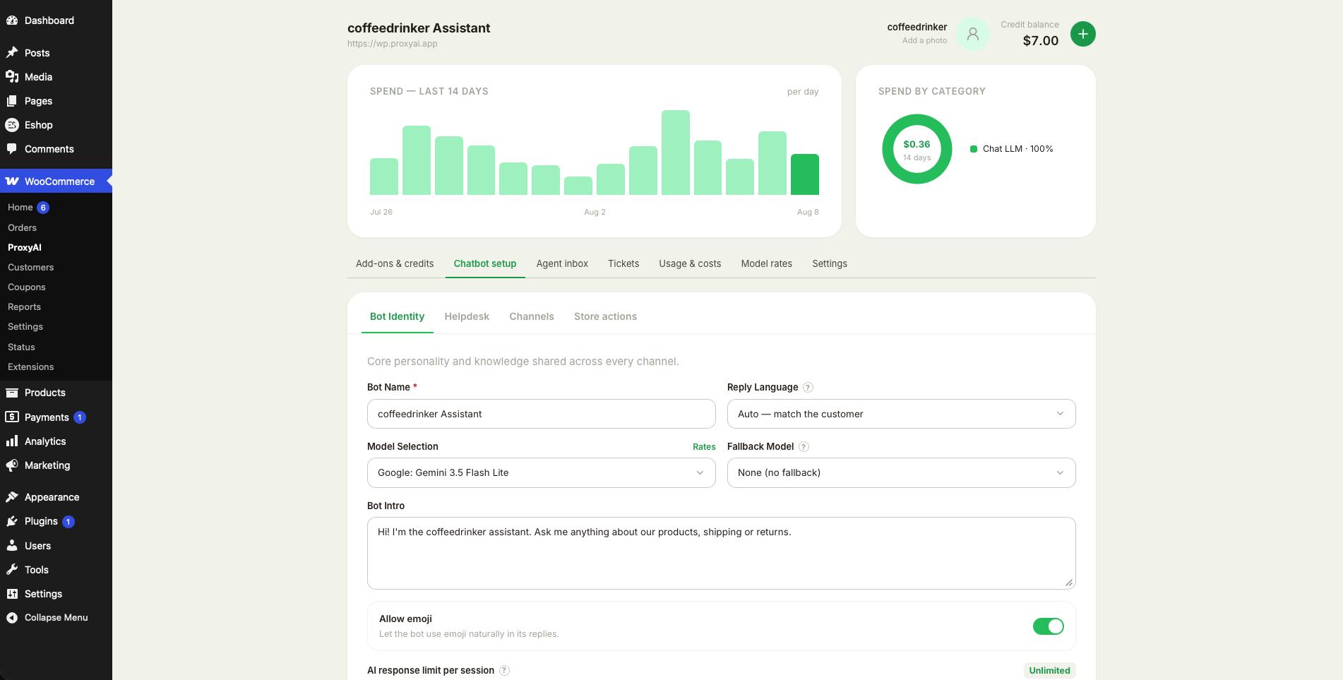 Chatbot setup — name, model, intro message and spend at a glance.