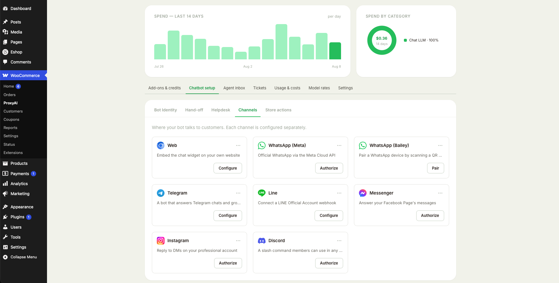Channels: web, WhatsApp, Telegram, LINE, Messenger, Instagram and Discord from one bot.