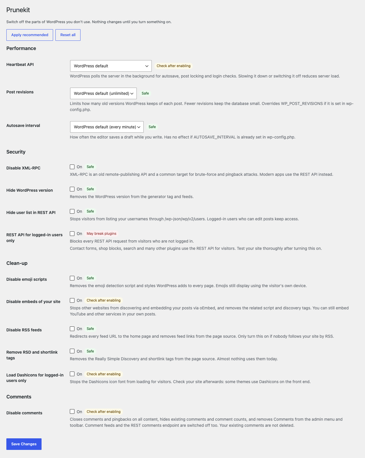 The settings page. Every option shows a risk badge, and nothing is switched on until you choose.