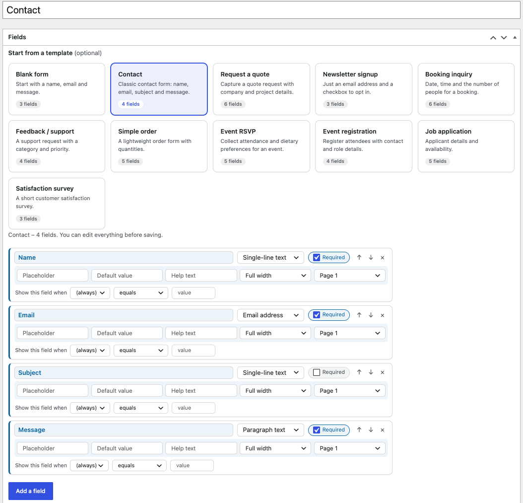 The form builder with the template picker and colour-coded field cards.