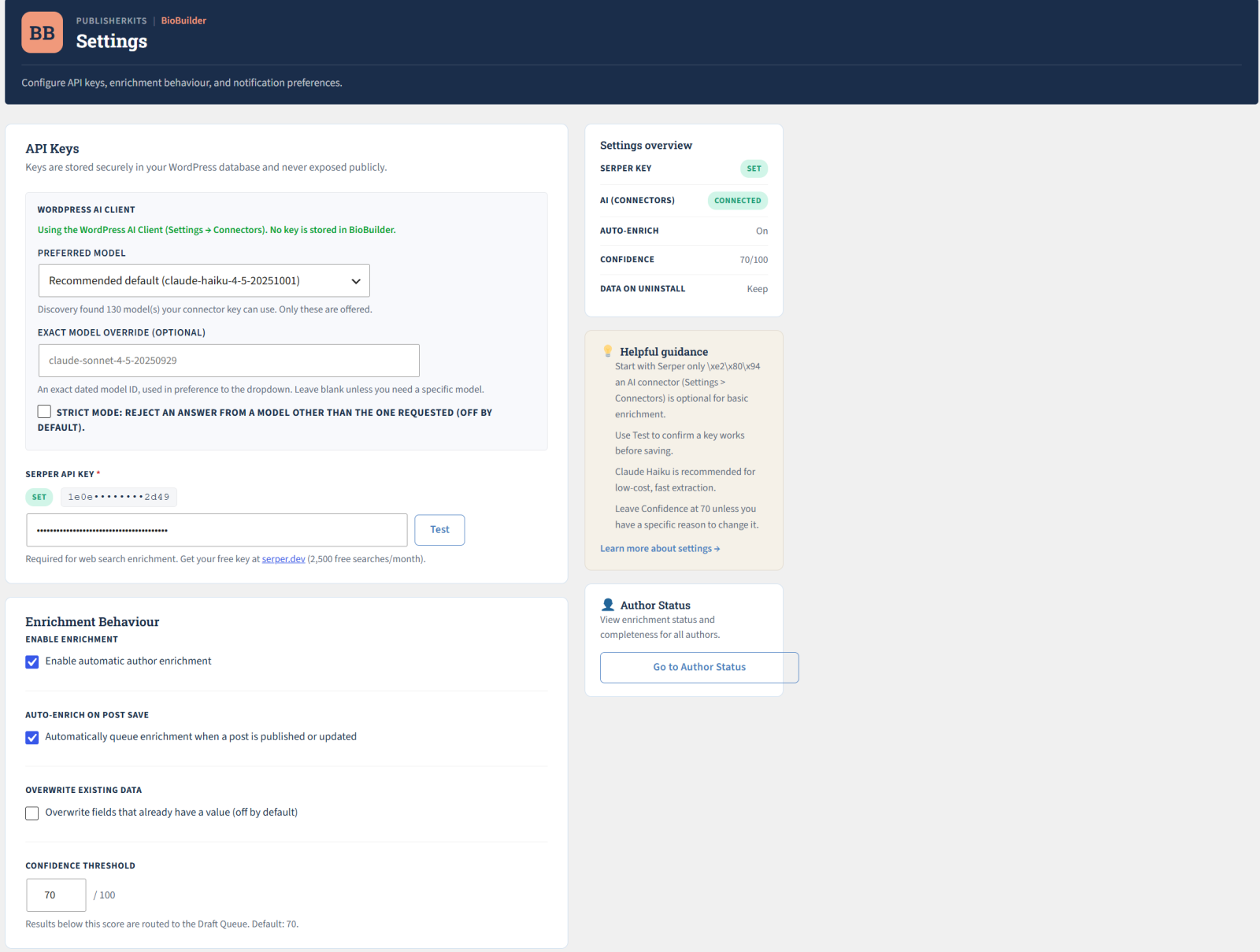 Settings — Serper web search plus AI through the WordPress AI Client, configured once under Settings > Connectors; BioBuilder stores no AI key of its own