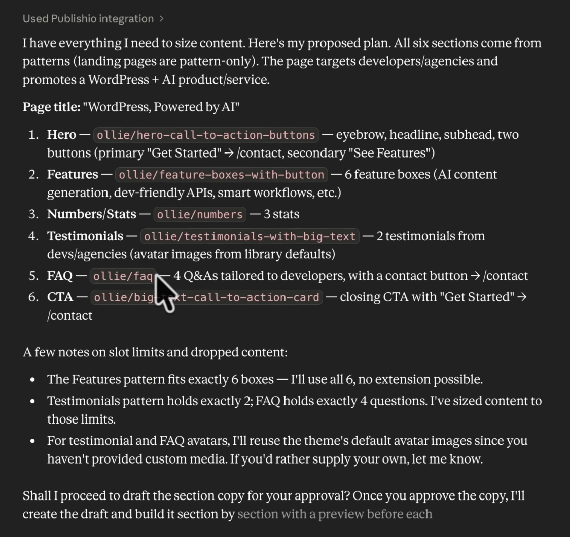 The AI's plan in the chat — a section-by-section outline of the page, with each section mapped to one of your site's own block patterns.