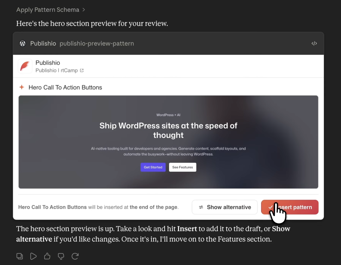 The in-chat preview of a generated section, shown for review with insert and show-alternative controls before anything is added to the draft.
