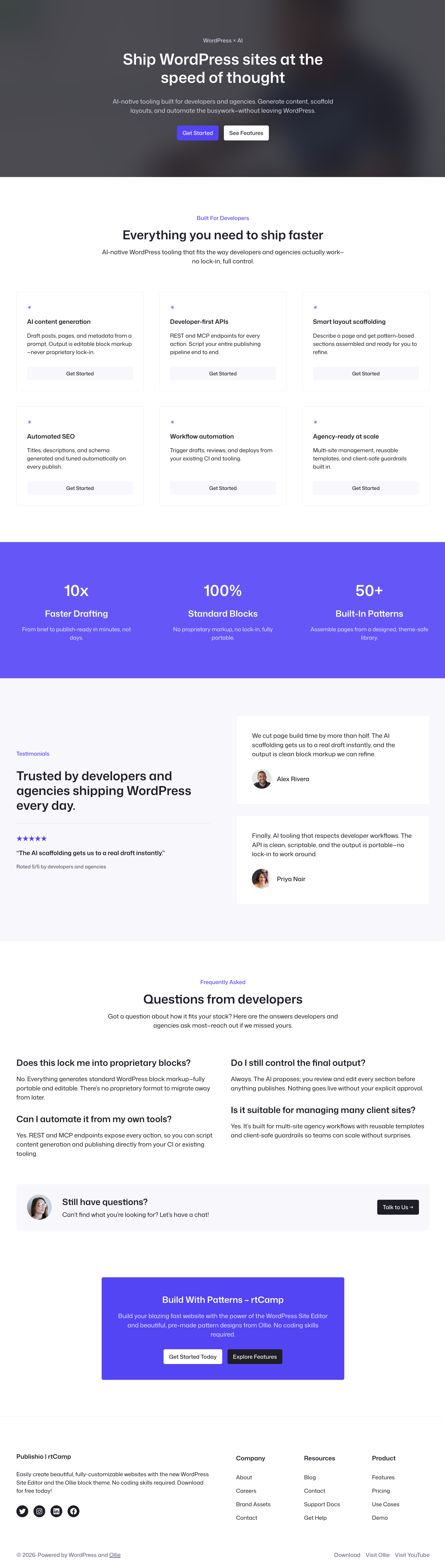 The finished page on your site, assembled from your patterns and styled by your active theme.