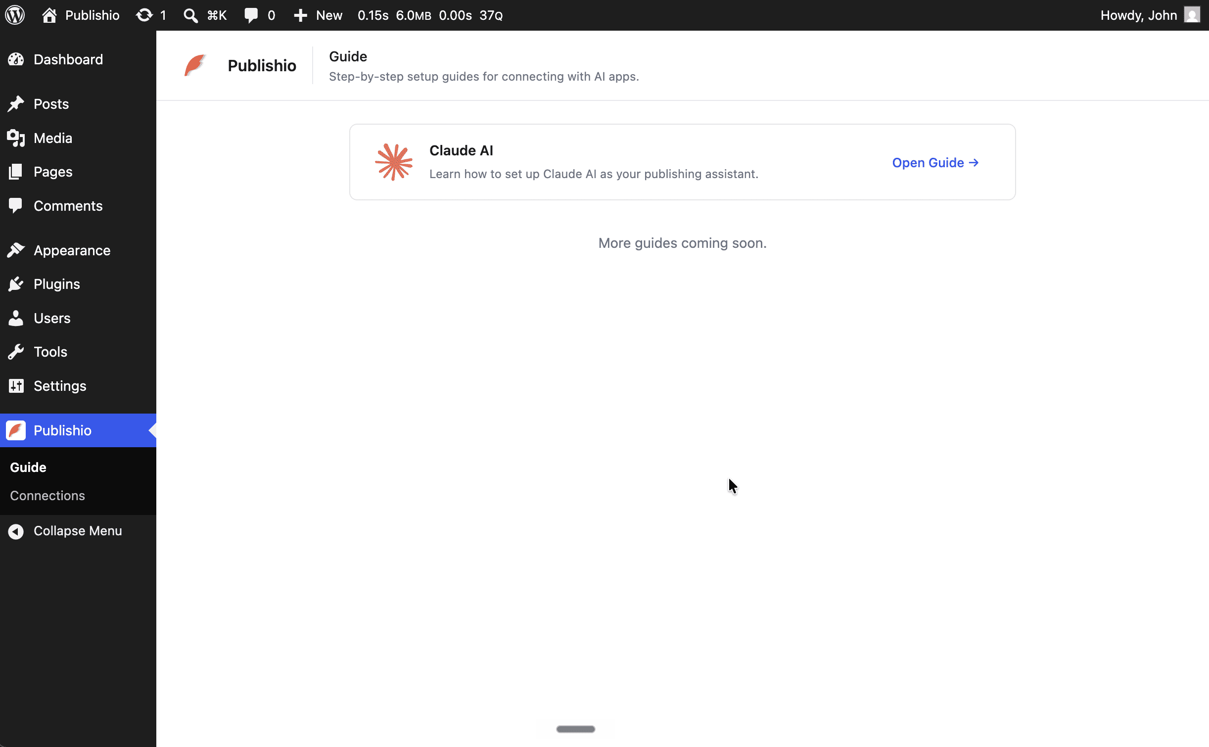 The Publishio Guide page in the WordPress dashboard — lists available AI setup guides.