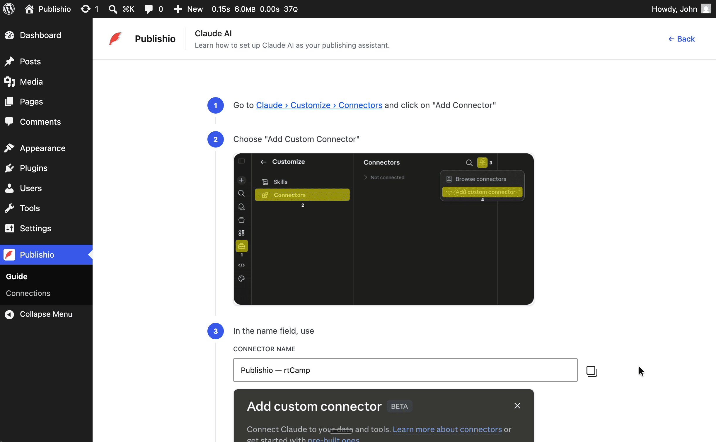 The Claude AI setup guide showing how to add a custom MCP connector in Claude's Customize > Connectors panel.