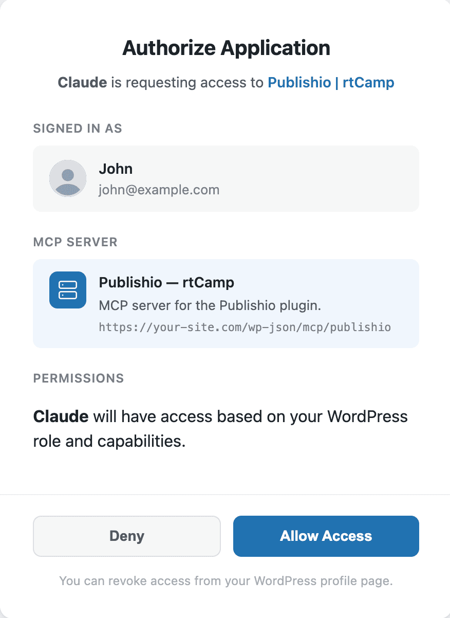 The WordPress OAuth authorization screen, where Claude requests access to your site via the Publishio MCP server.