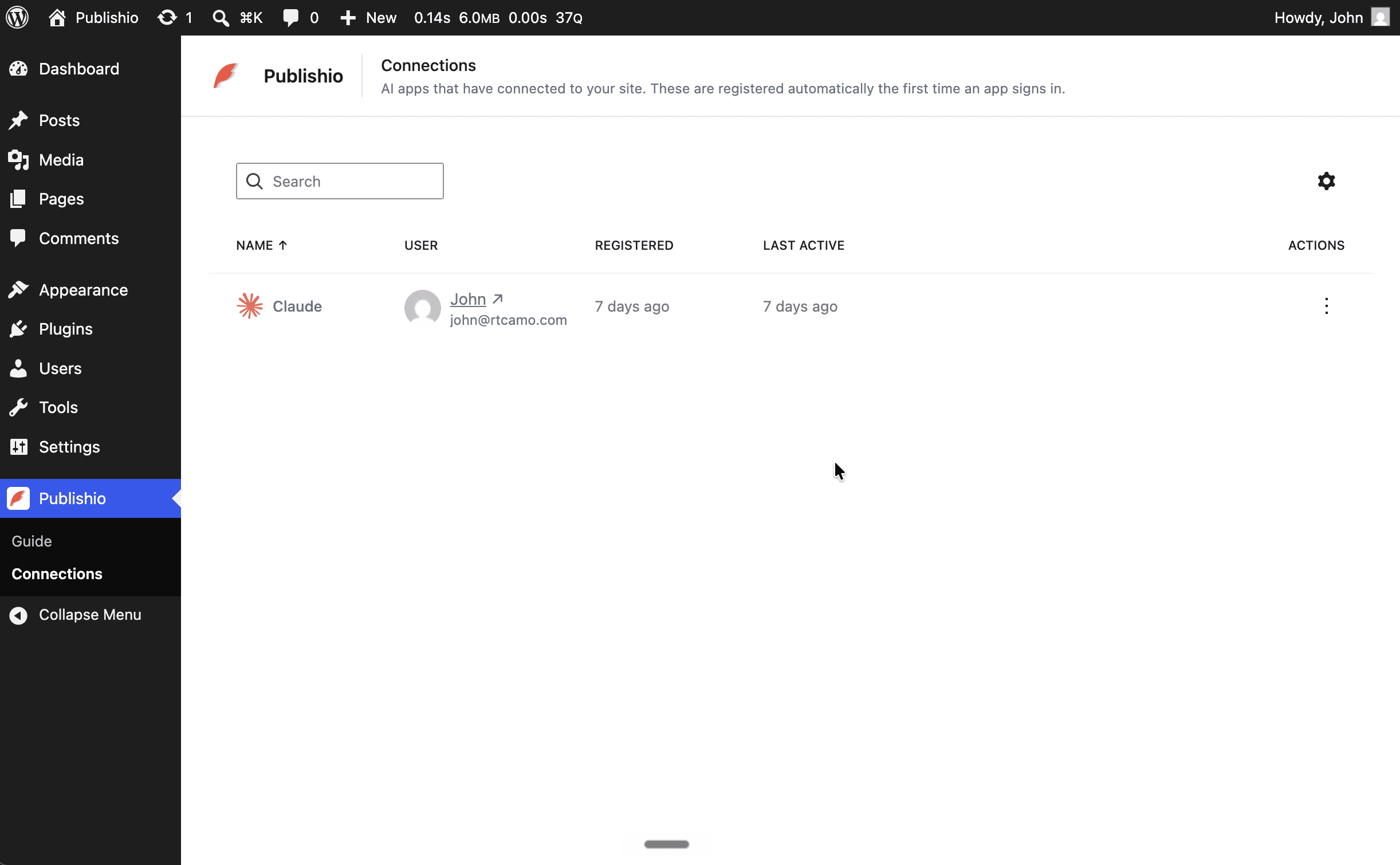 The Connections page listing all AI apps that have authenticated with your site, with user, registration date, and last-active details.