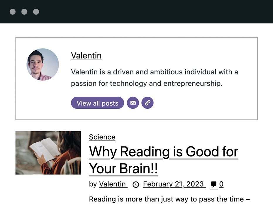 O PublishPress Authors permite que você exiba o trabalho de cada autor individualmente com páginas de autores personalizáveis, nas quais você decide quais informações do post serão exibidas, incluindo tags, links para ler mais, resumos e muito mais.