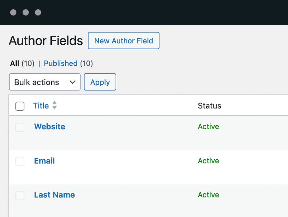 PublishPress Authors Pro enables you to create custom fields for each author profile. You can add Text, WYSIWYG, Links, email fields and more.
