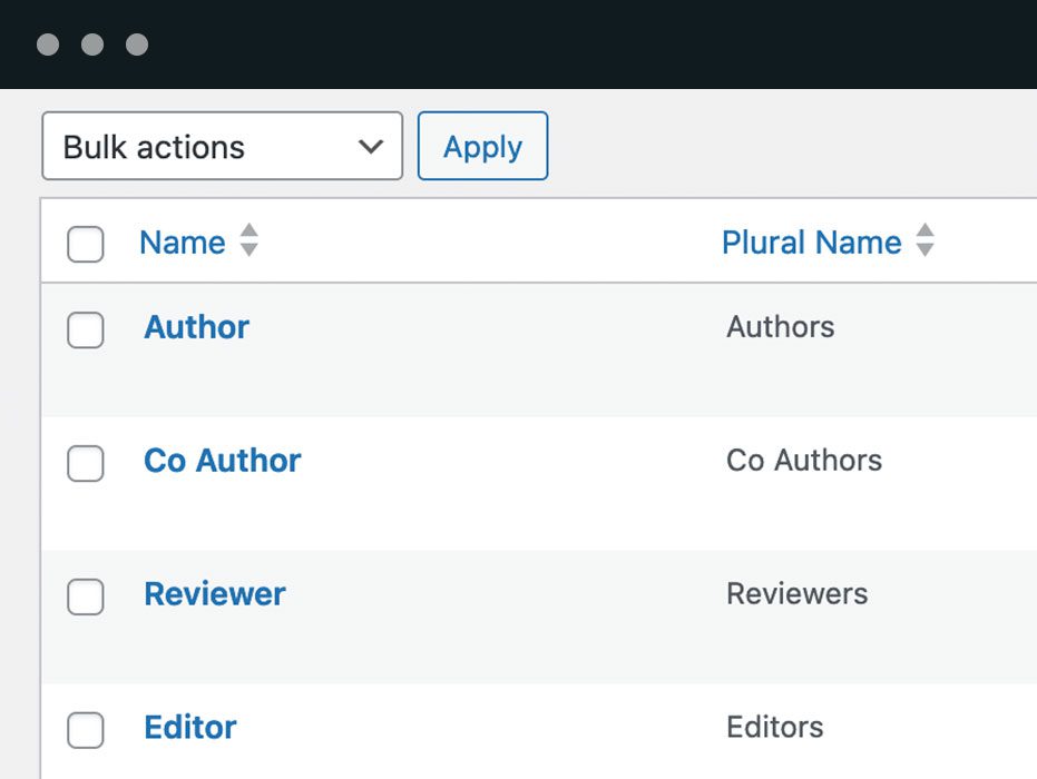 PublishPress Authors allows you to organize your authors by categories. You can organize your authors into groups such as “Authors”, “Coauthors”, “Reviews”, “Editors”, and more.