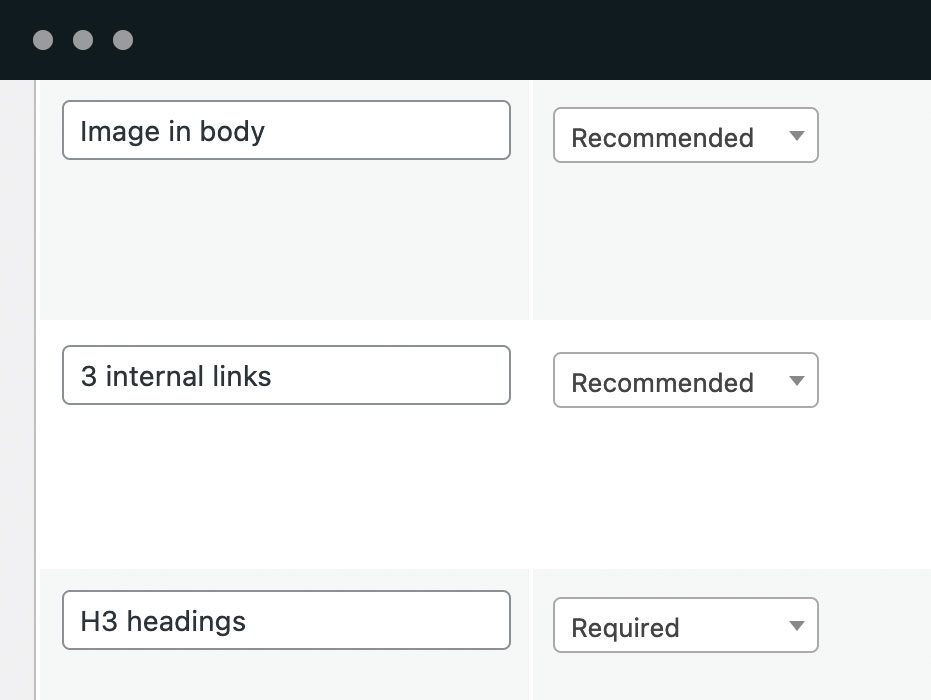 Configure seus requisitos. Cada item da lista de verificação, pode ser configurado para atender às necessidades do seu site. Você pode decidir se os itens são recomendados, obrigatórios ou ignorados. Você também pode definir valores máximos e mínimos.