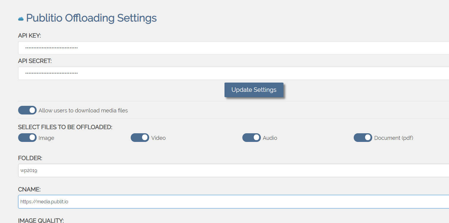 Publitio Offloading Settings page