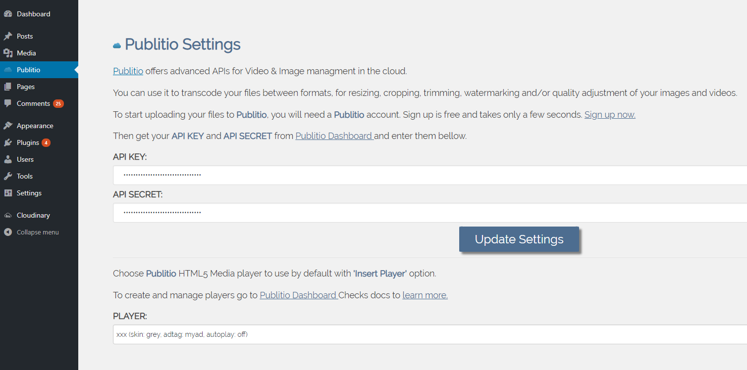 Publitio Settings page
