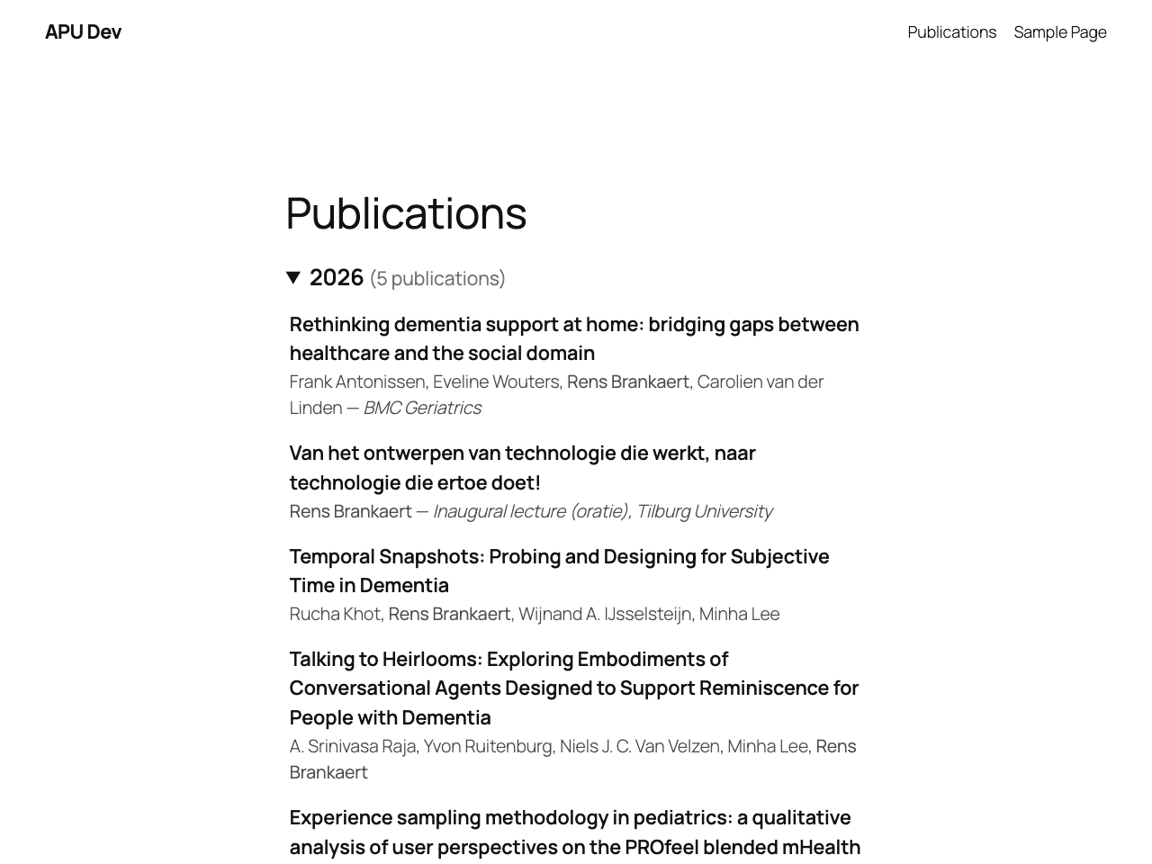 The rendered publication list — collapsible year sections with counts.