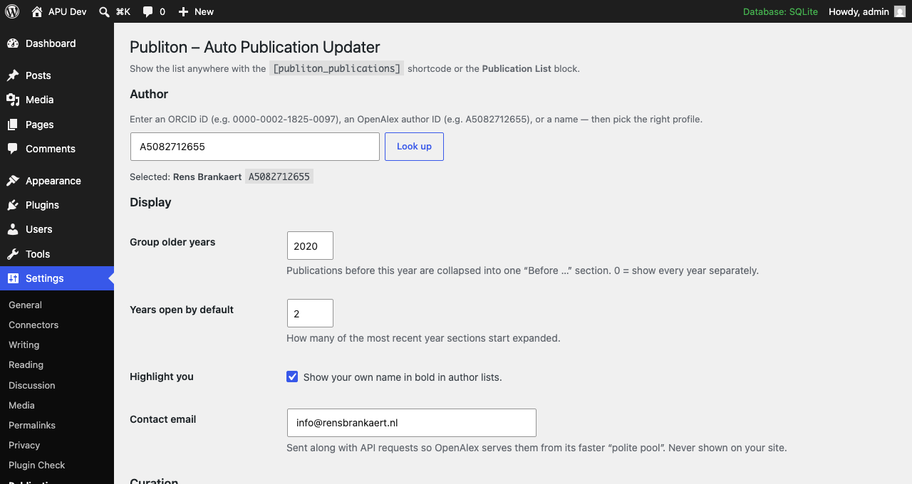 Settings: look up your author profile by ORCID iD or name.