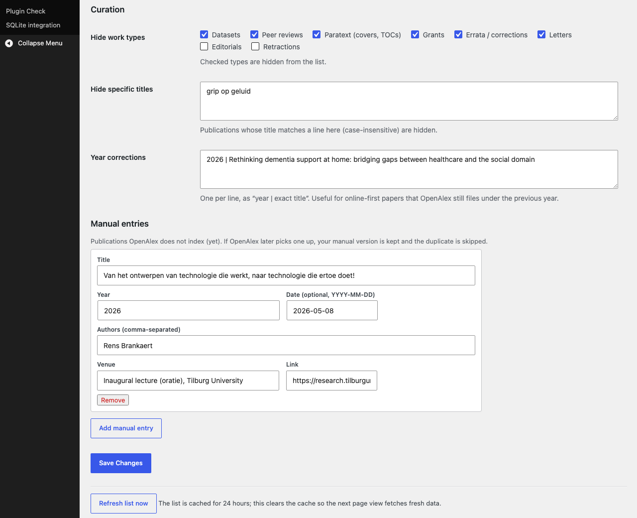 Curation tools: hide work types and titles, correct years, add manual entries.