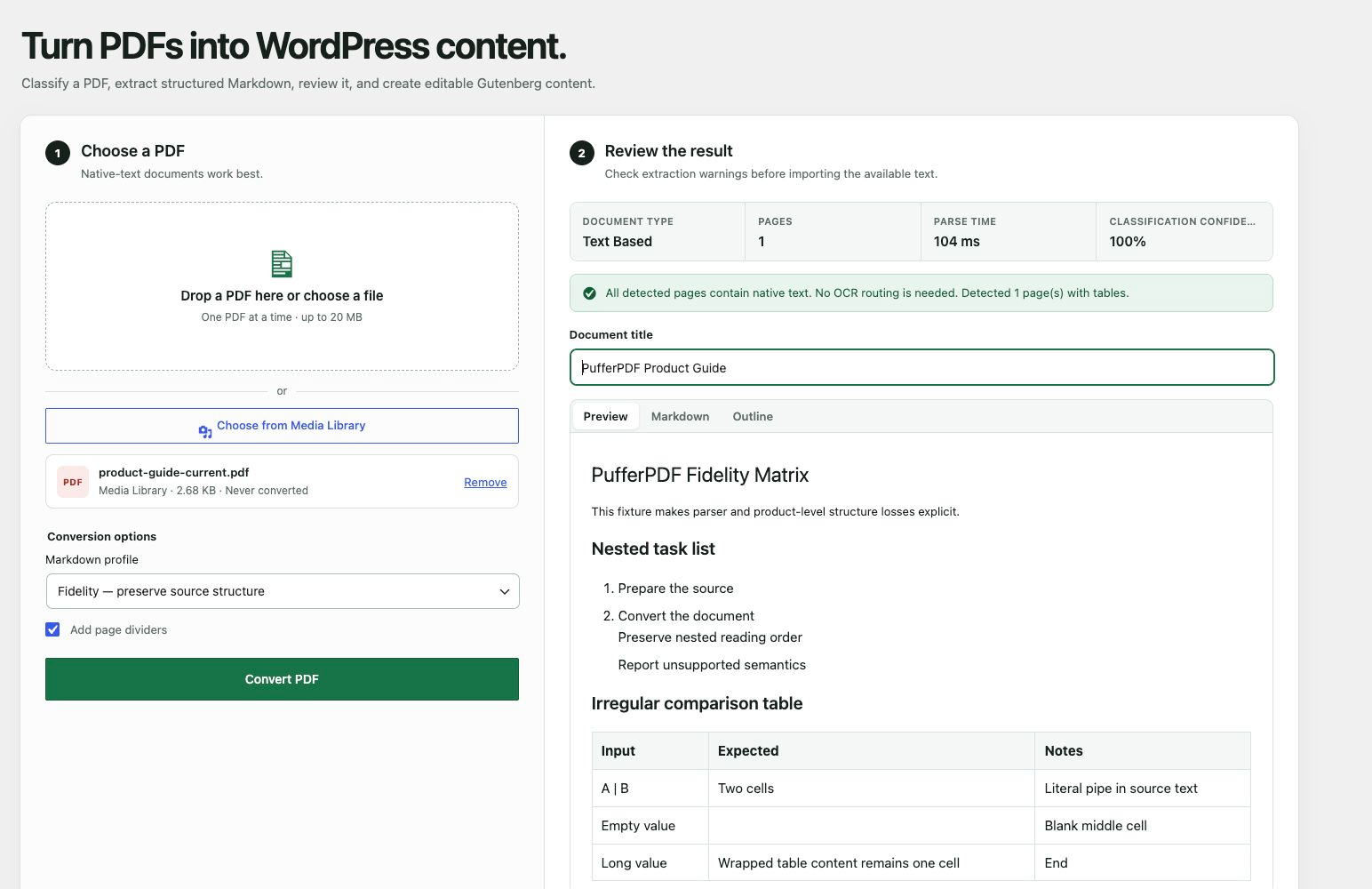 Review document type, page count, warnings, headings, tables, lists, code, and links before creating content.